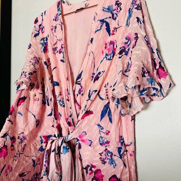 TANYA TAYLOR Pink Floral Silk Wrap Short Sleeve Ruffle V-Neck Midi Dress Size 20 - Picture 8 of 14